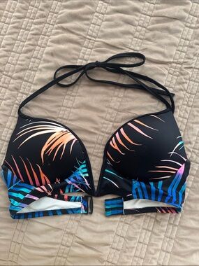 Victoria's Secret Black Tropical Push-Up Bikini Top with Multicolor Palm Print
